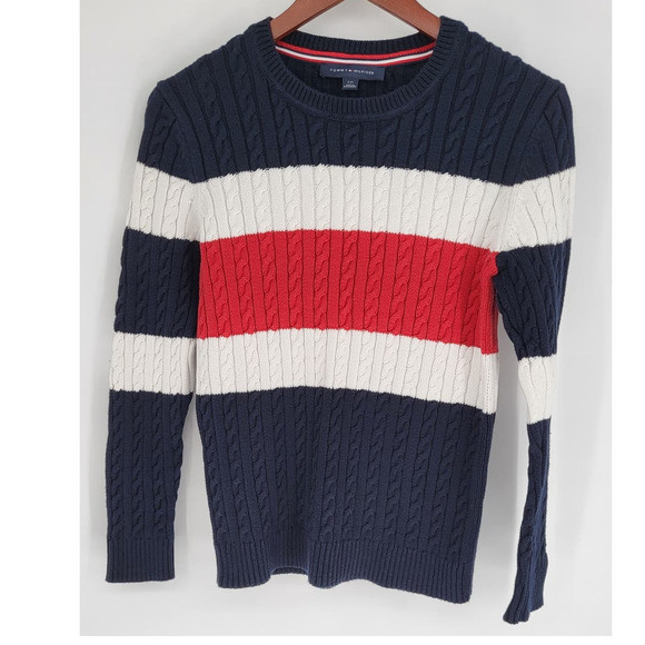 Tommy Hilfiger Red White Blue Cable Knit Sweater 100% Cotton Women's L - Picture 1 of 9